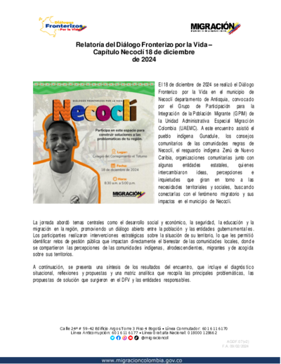 Relatoría del Diálogo Fronterizo por la Vida capítulo Necoclí - 18 de diciembre de 2024