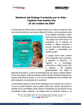Portada de Relatoría del Diálogo Fronterizo por la Vida capítulo San Andrés - 23 de octubre de 2024